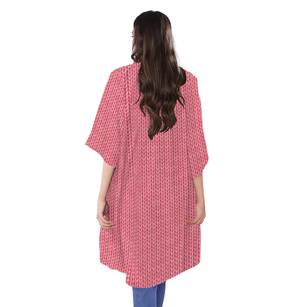 Pink Knitted Pattern Print Open Front Beach Cover Up
