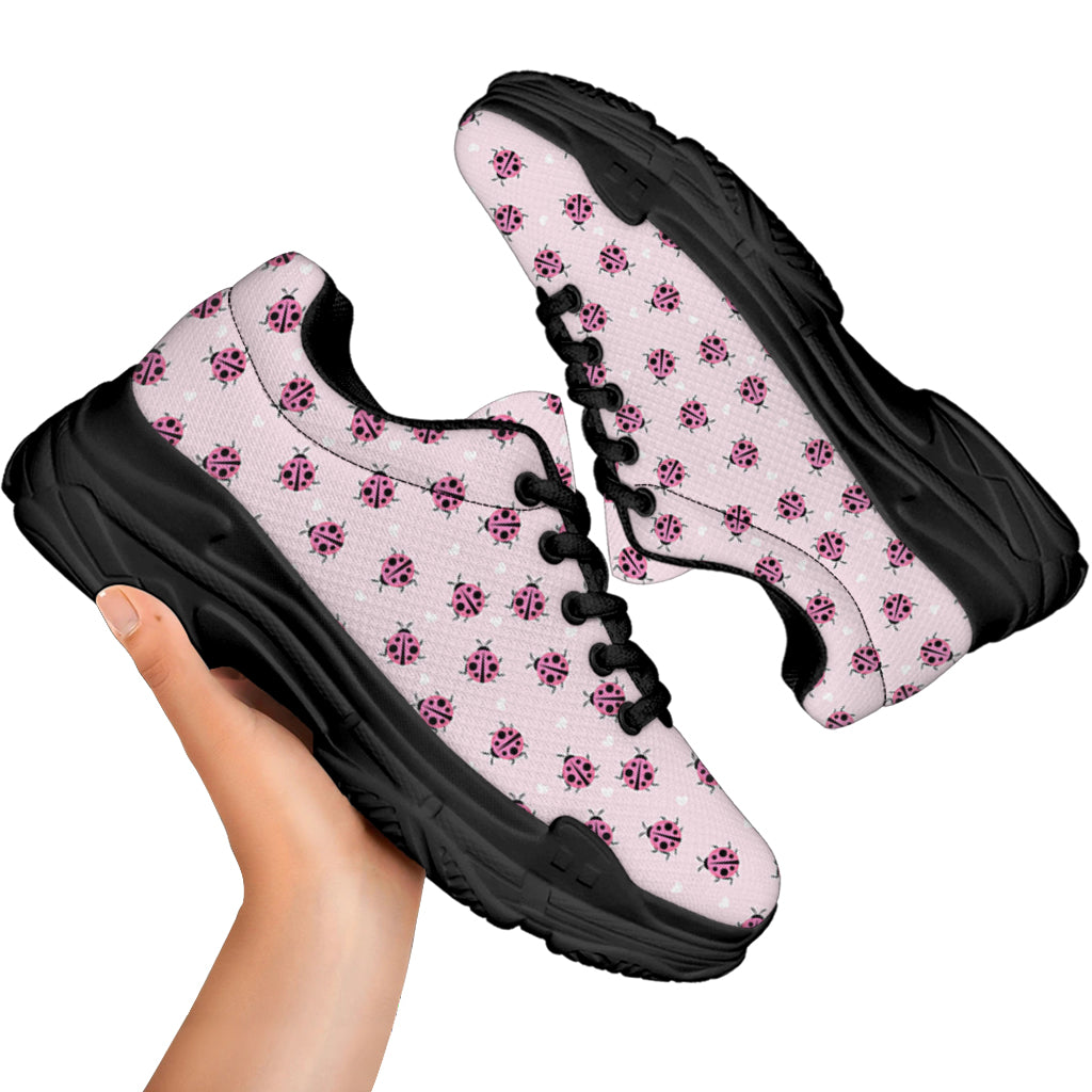 Pink Ladybug Pattern Print Black Chunky Shoes