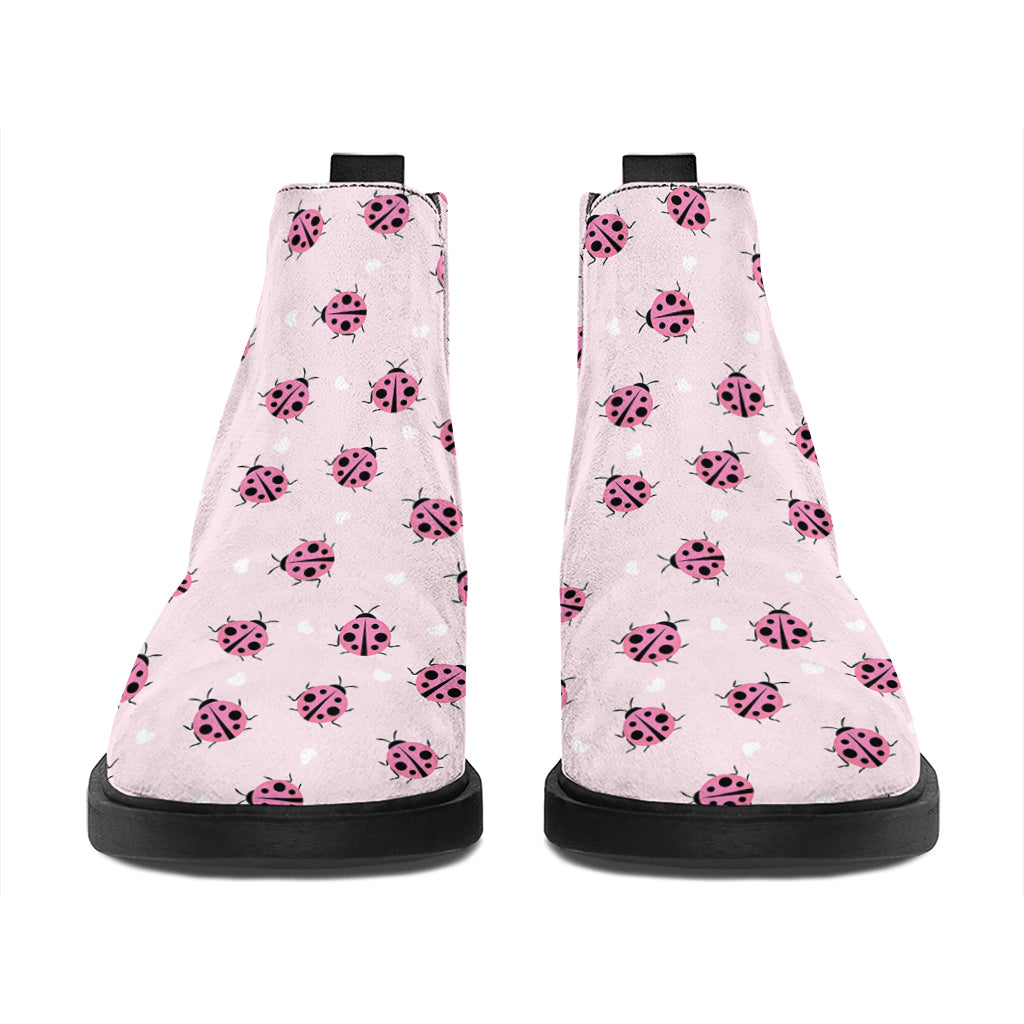 Pink Ladybug Pattern Print Flat Ankle Boots
