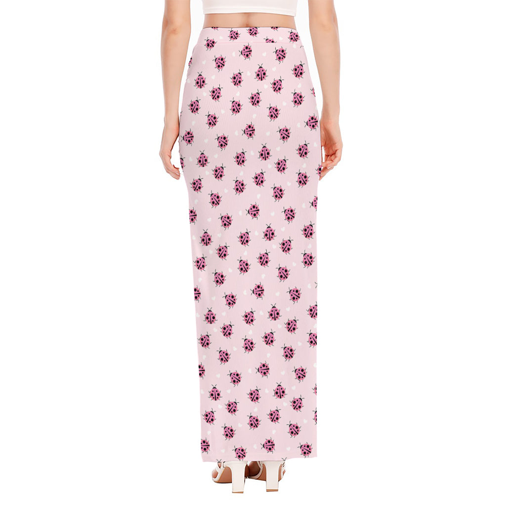 Pink Ladybug Pattern Print High Slit Maxi Skirt