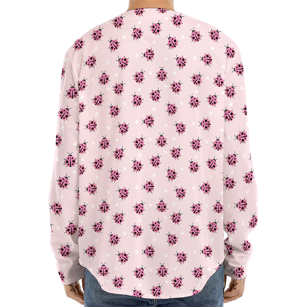 Pink Ladybug Pattern Print Long Sleeve Baseball Jersey