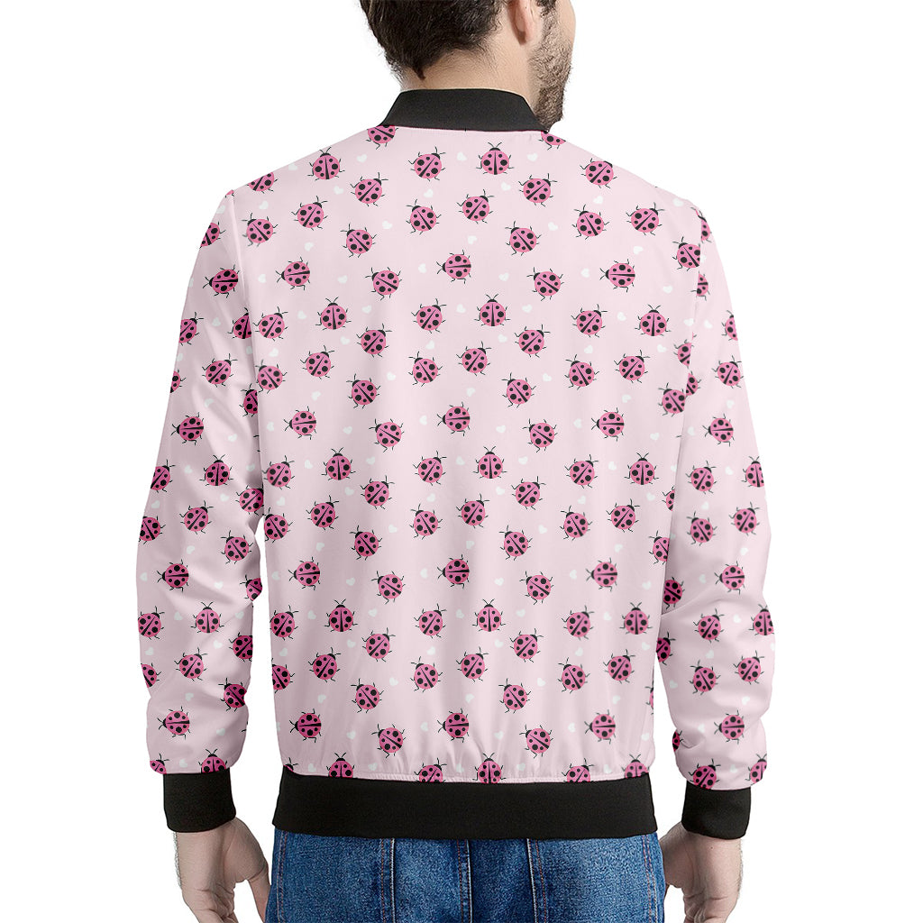 Pink Ladybug Pattern Print Men's Bomber Jacket