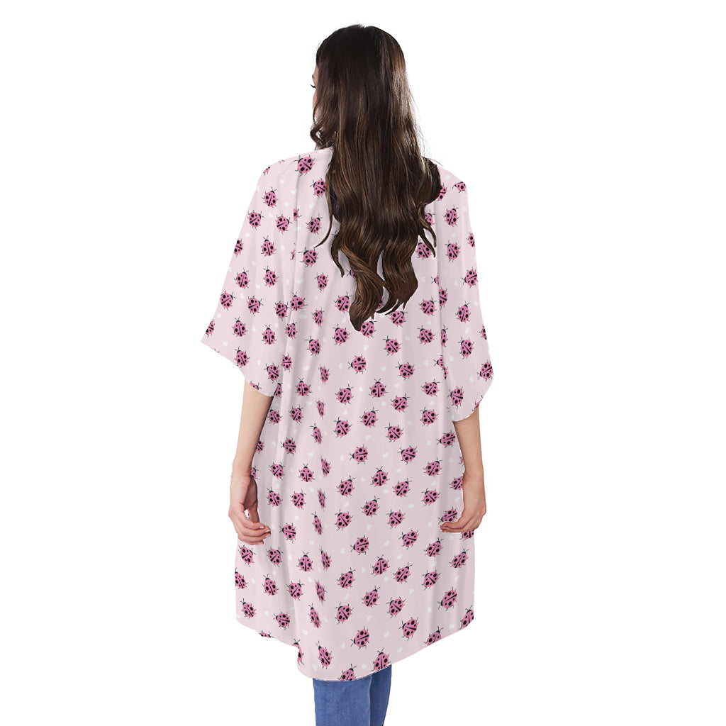 Pink Ladybug Pattern Print Open Front Beach Cover Up