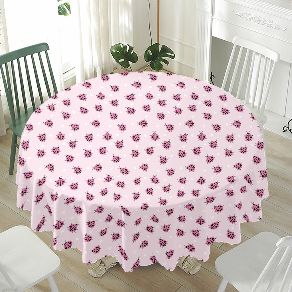 Pink Ladybug Pattern Print Waterproof Round Tablecloth