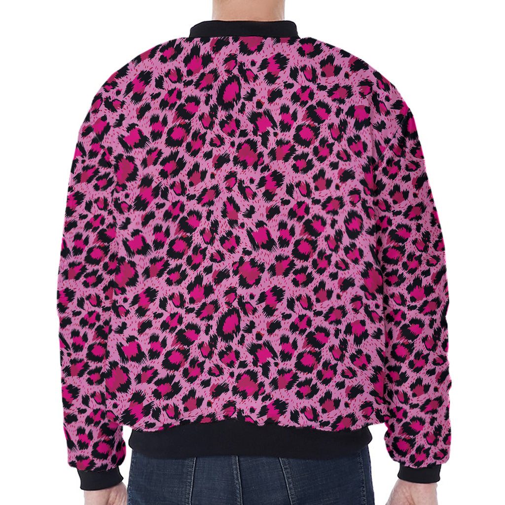 Pink Leopard Print Zip Sleeve Bomber Jacket
