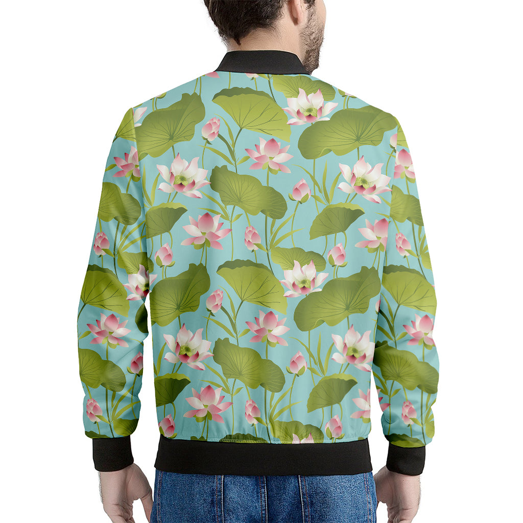 Pink Lotus Pattern Print Men's Bomber Jacket