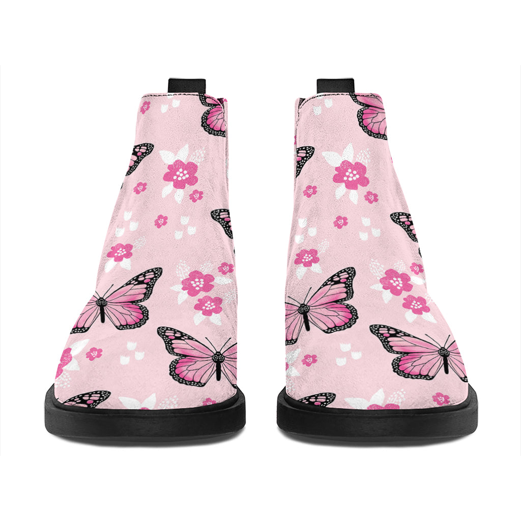 Pink Monarch Butterfly Pattern Print Flat Ankle Boots