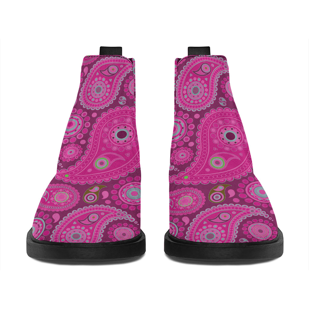 Pink Paisley Pattern Print Flat Ankle Boots