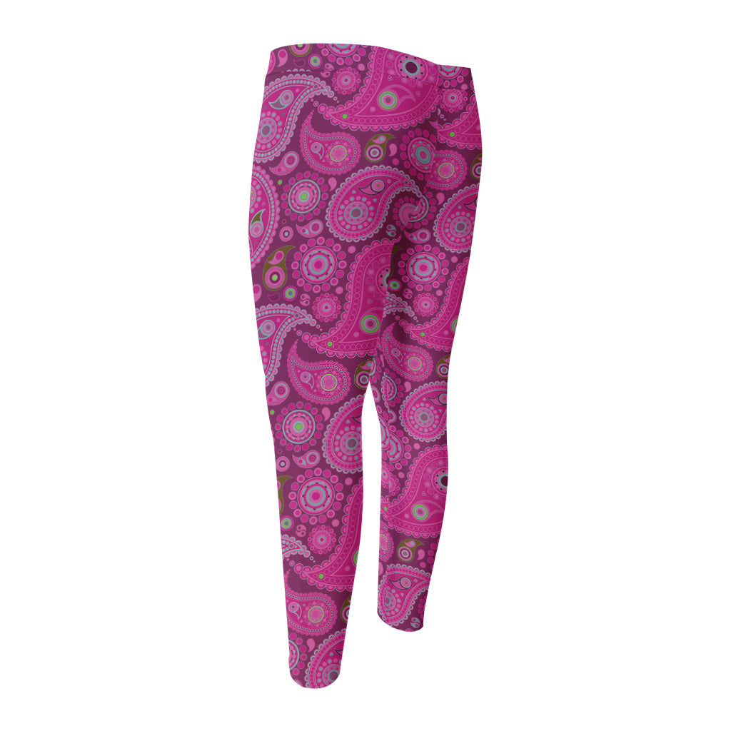 Pink Paisley Pattern Print Men's Compression Pants