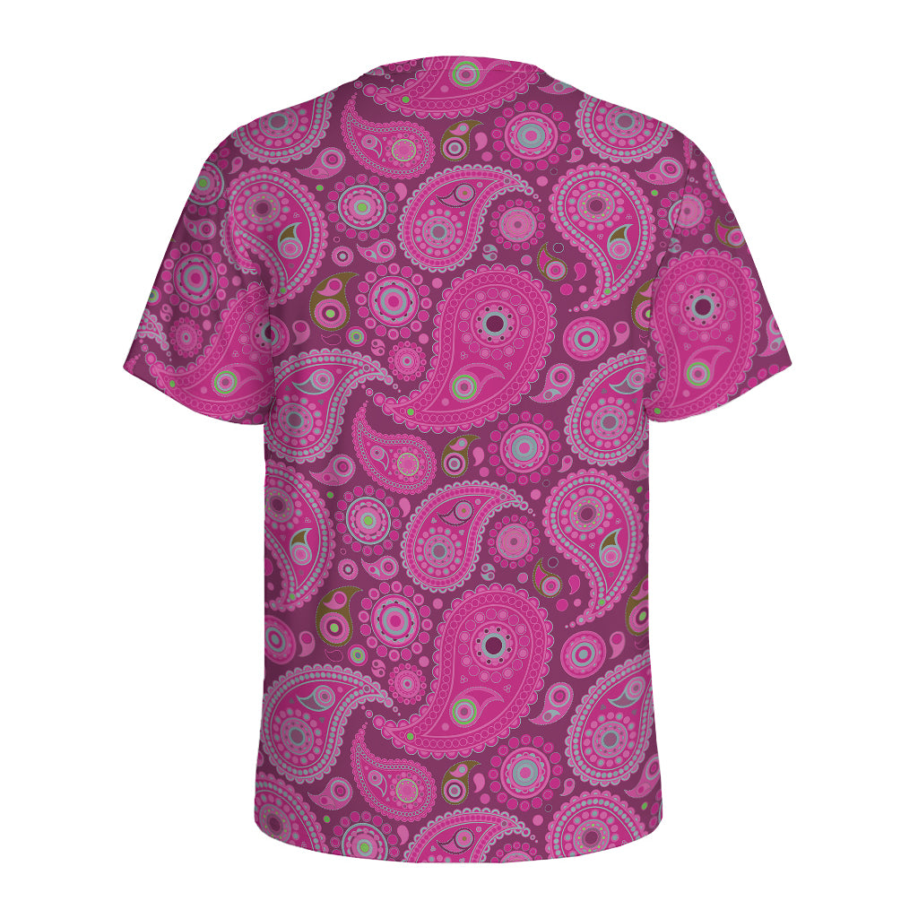 Pink Paisley Pattern Print Men's Sports T-Shirt