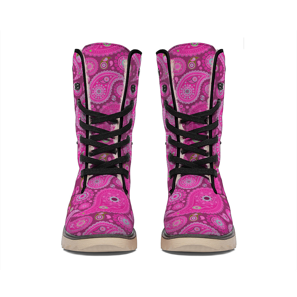 Pink Paisley Pattern Print Winter Boots