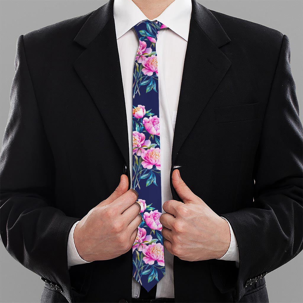 Pink Peony Floral Flower Pattern Print Necktie