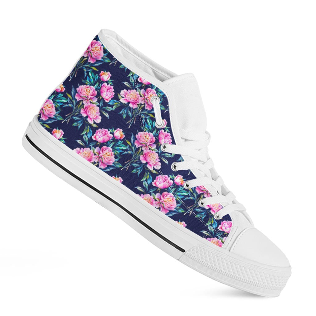 Pink Peony Floral Flower Pattern Print White High Top Sneakers