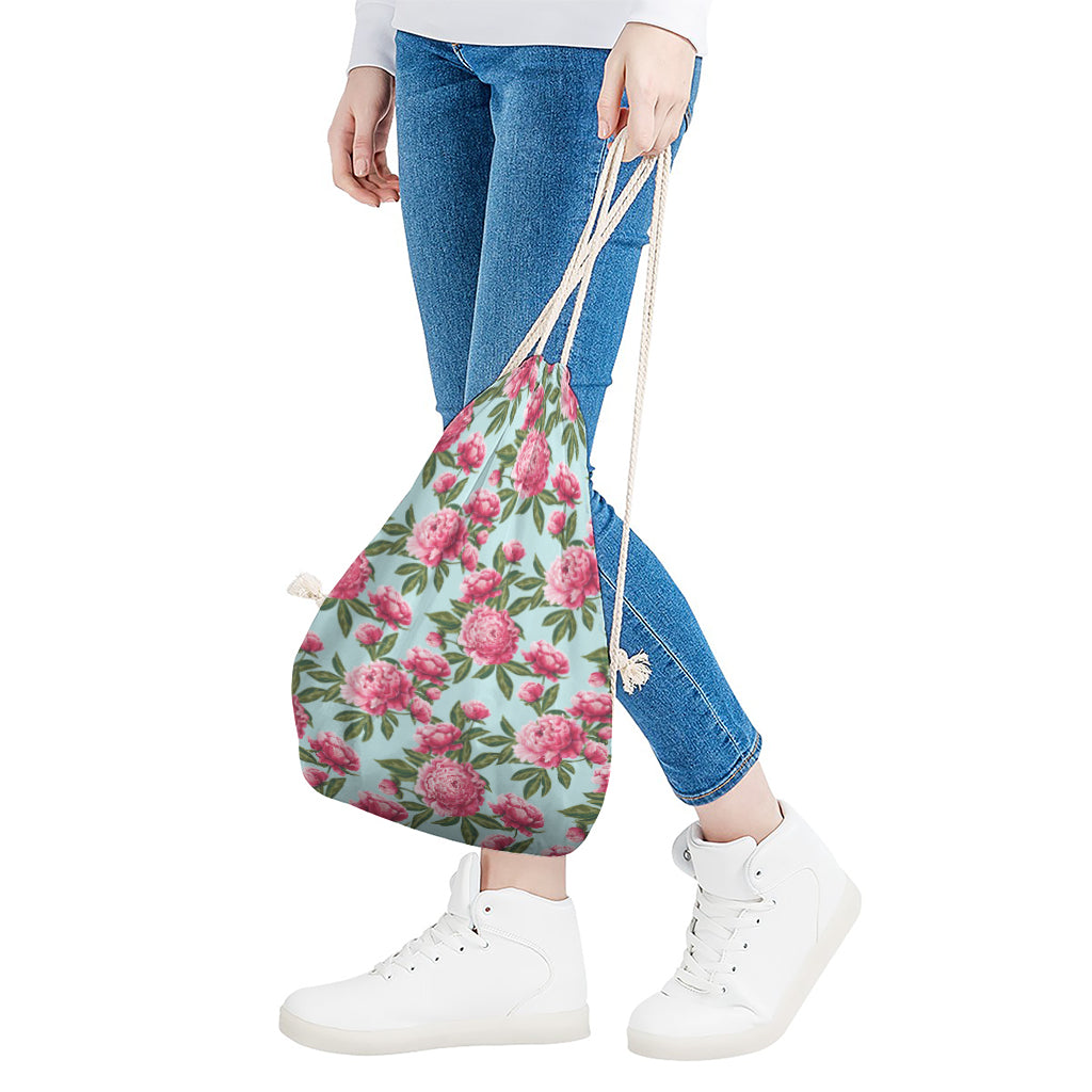 Pink Peony Pattern Print Drawstring Bag