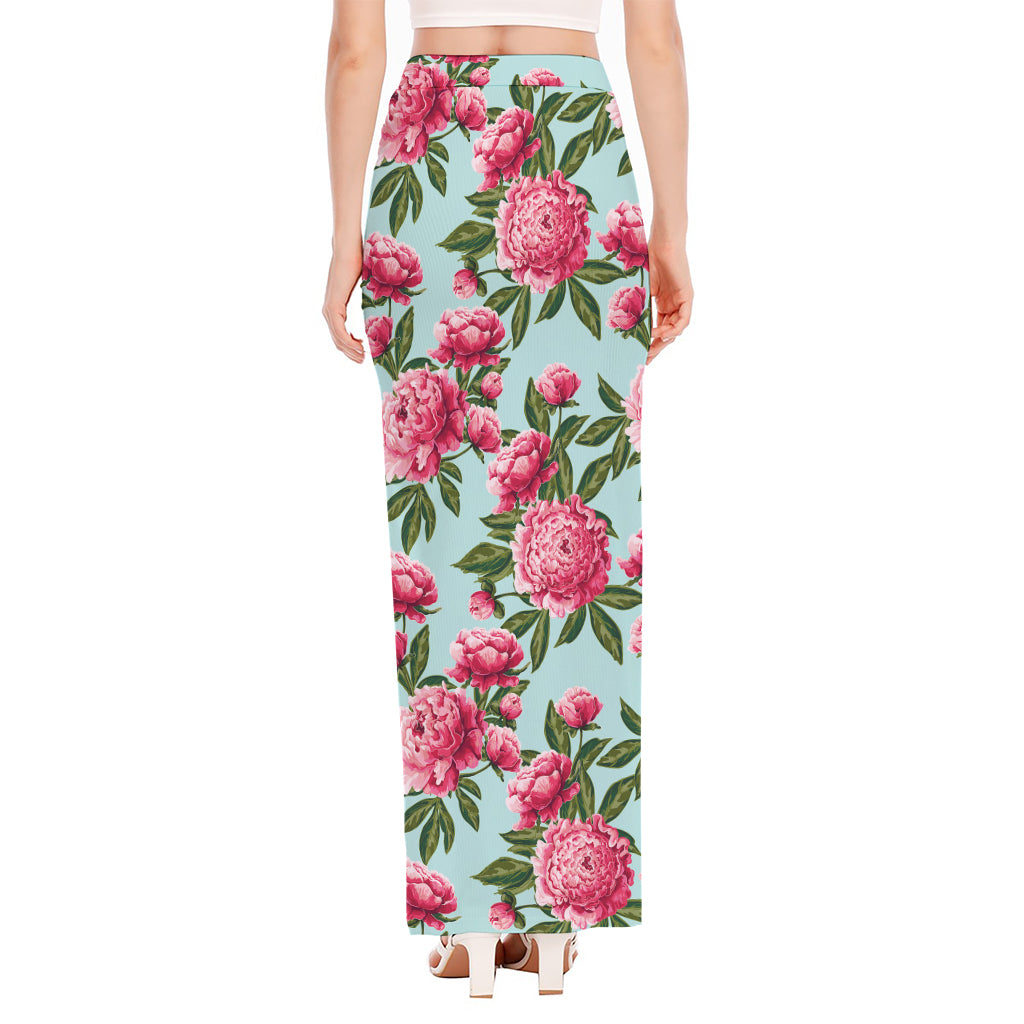 Pink Peony Pattern Print High Slit Maxi Skirt
