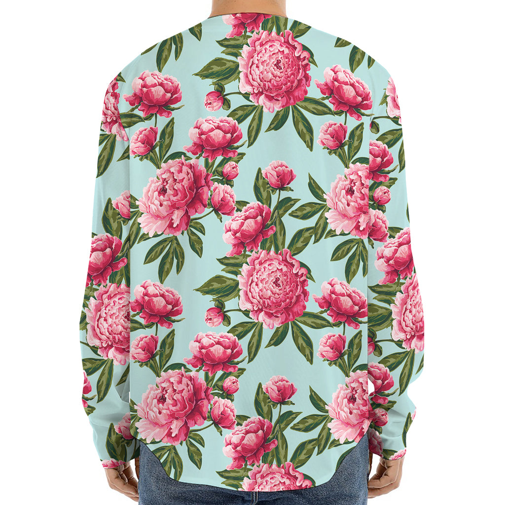 Pink Peony Pattern Print Long Sleeve Baseball Jersey