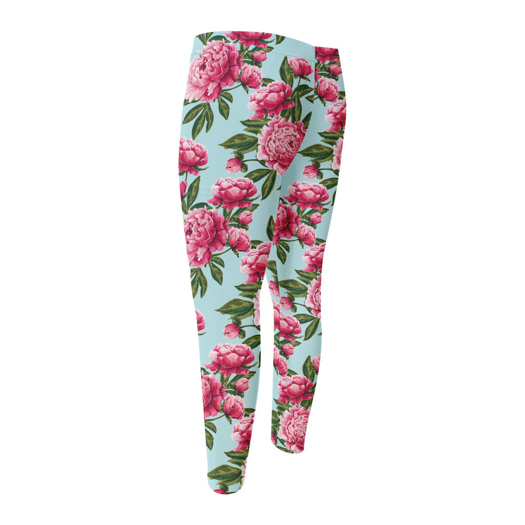 Pink Peony Pattern Print Men's Compression Pants