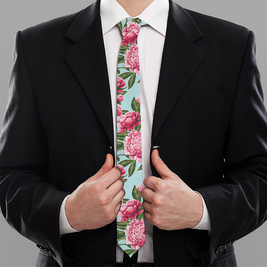 Pink Peony Pattern Print Necktie