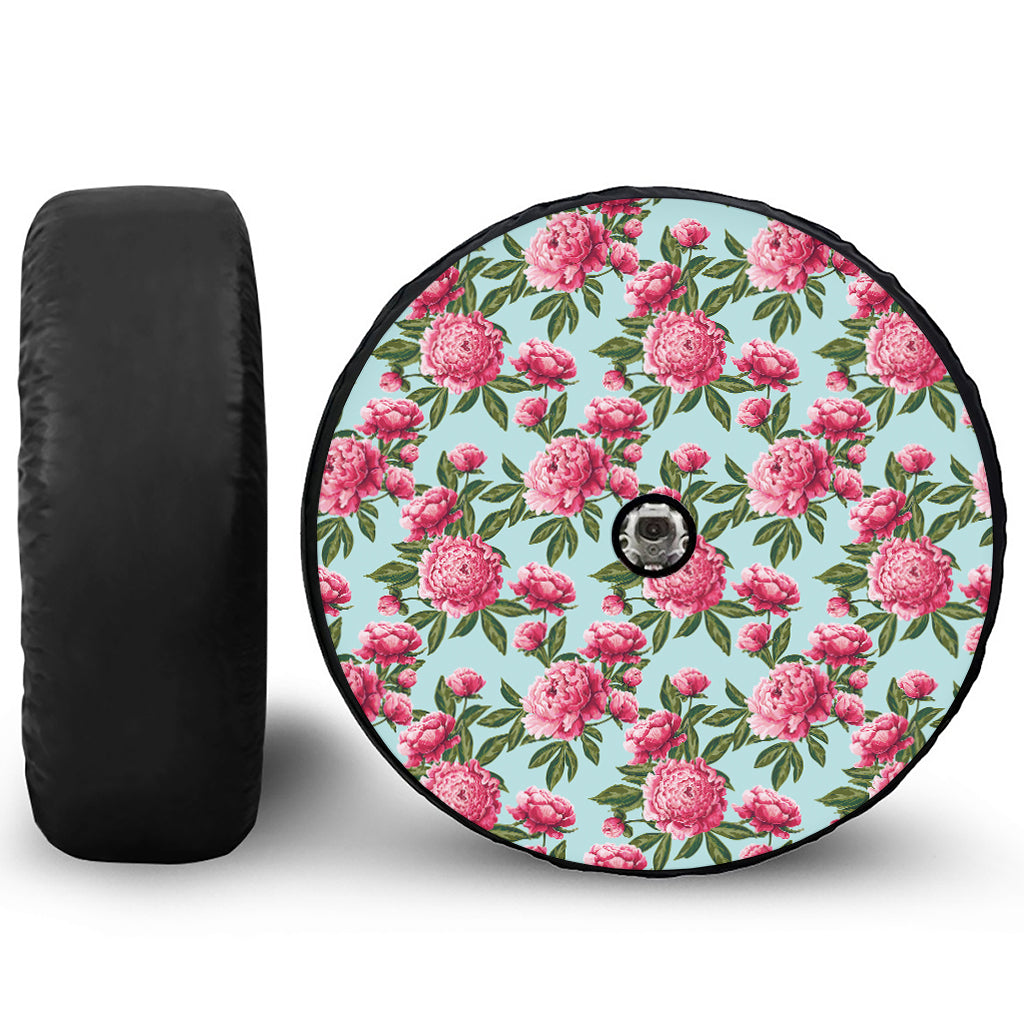 Pink Peony Pattern Print Tire Cover With Camera Hole