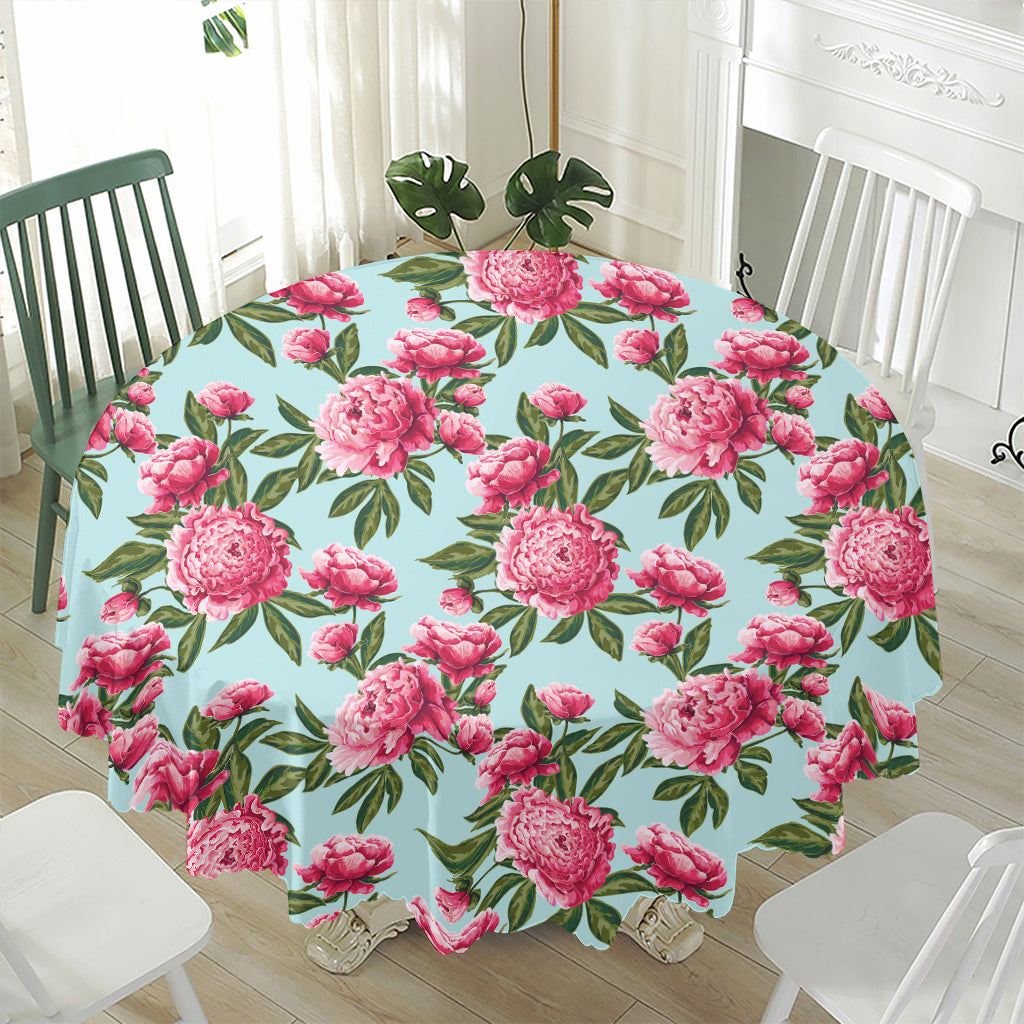 Pink Peony Pattern Print Waterproof Round Tablecloth