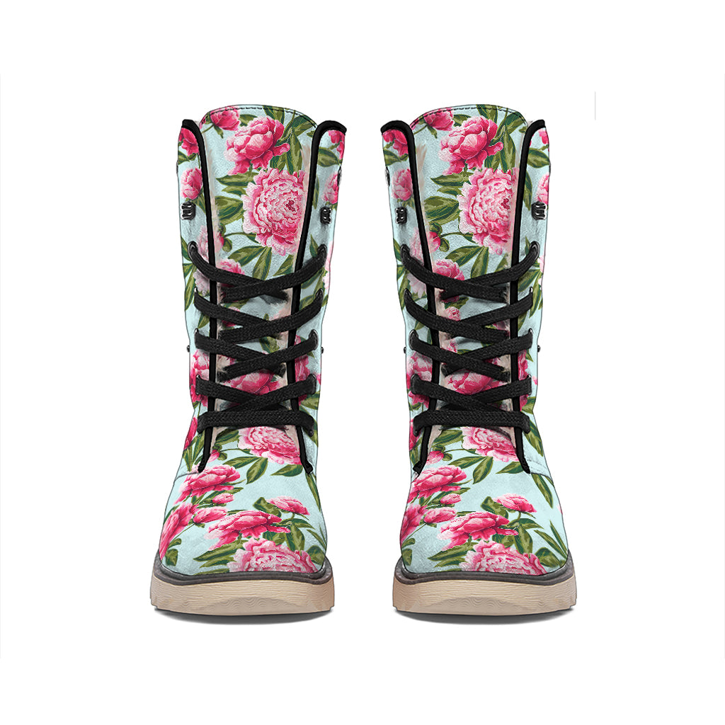 Pink Peony Pattern Print Winter Boots