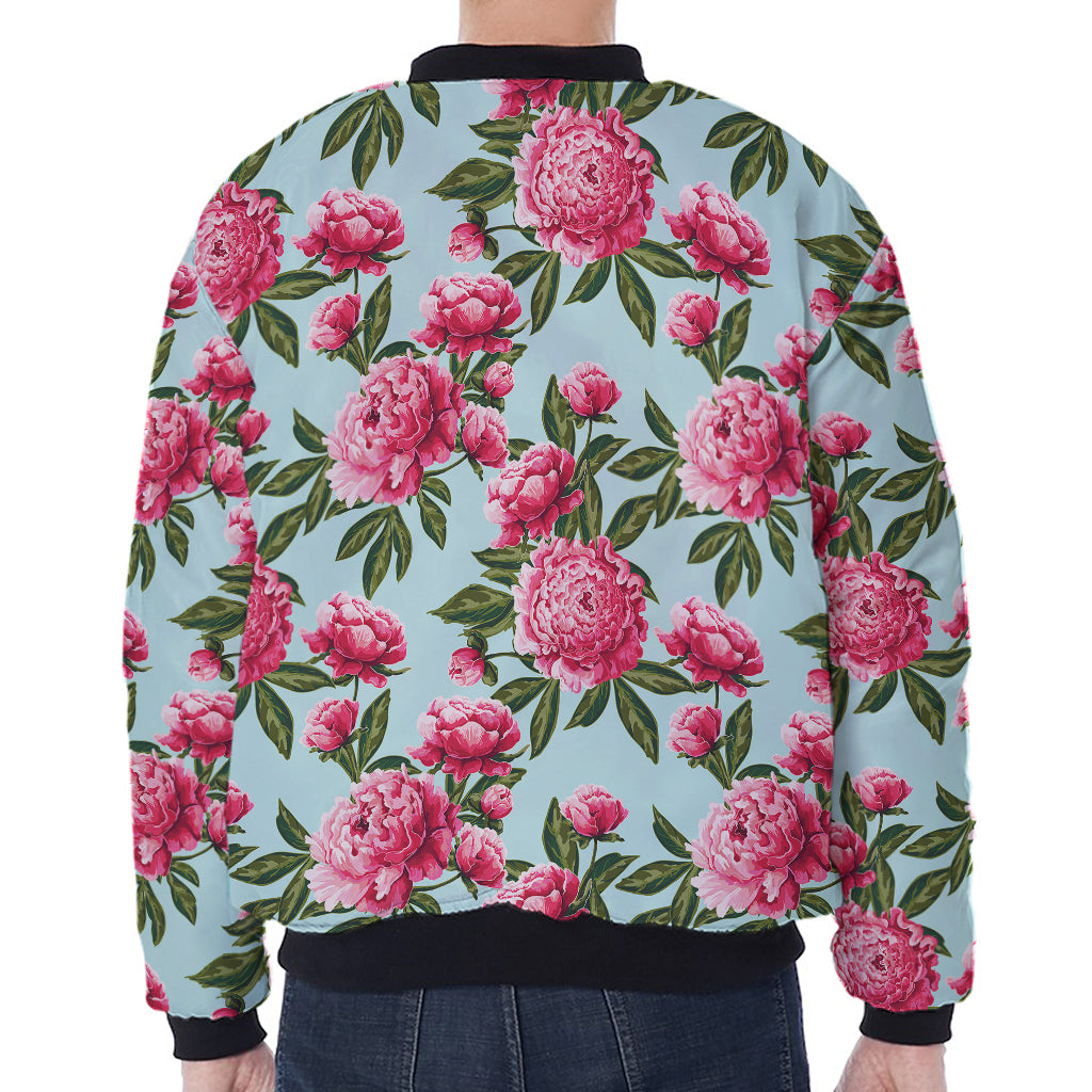 Pink Peony Pattern Print Zip Sleeve Bomber Jacket