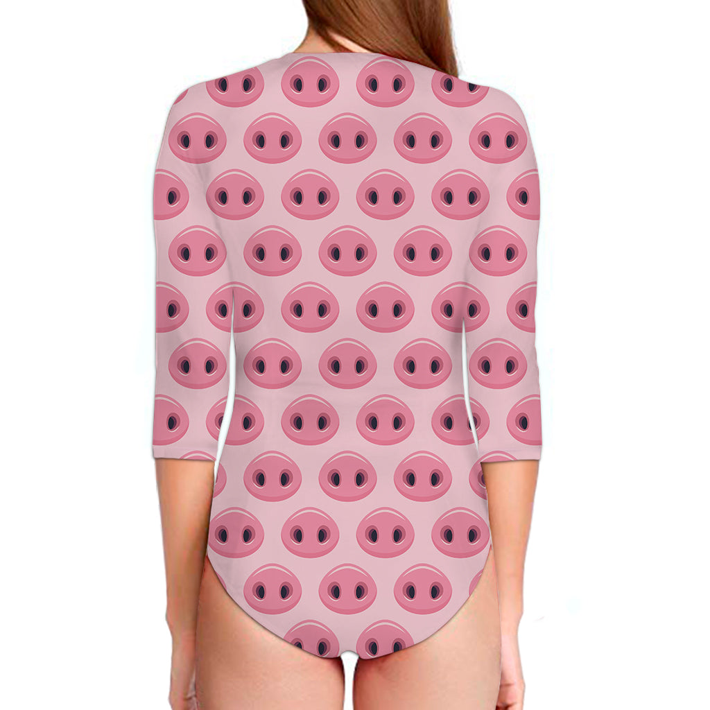 Pink Pig Nose Pattern Print Long Sleeve Swimsuit