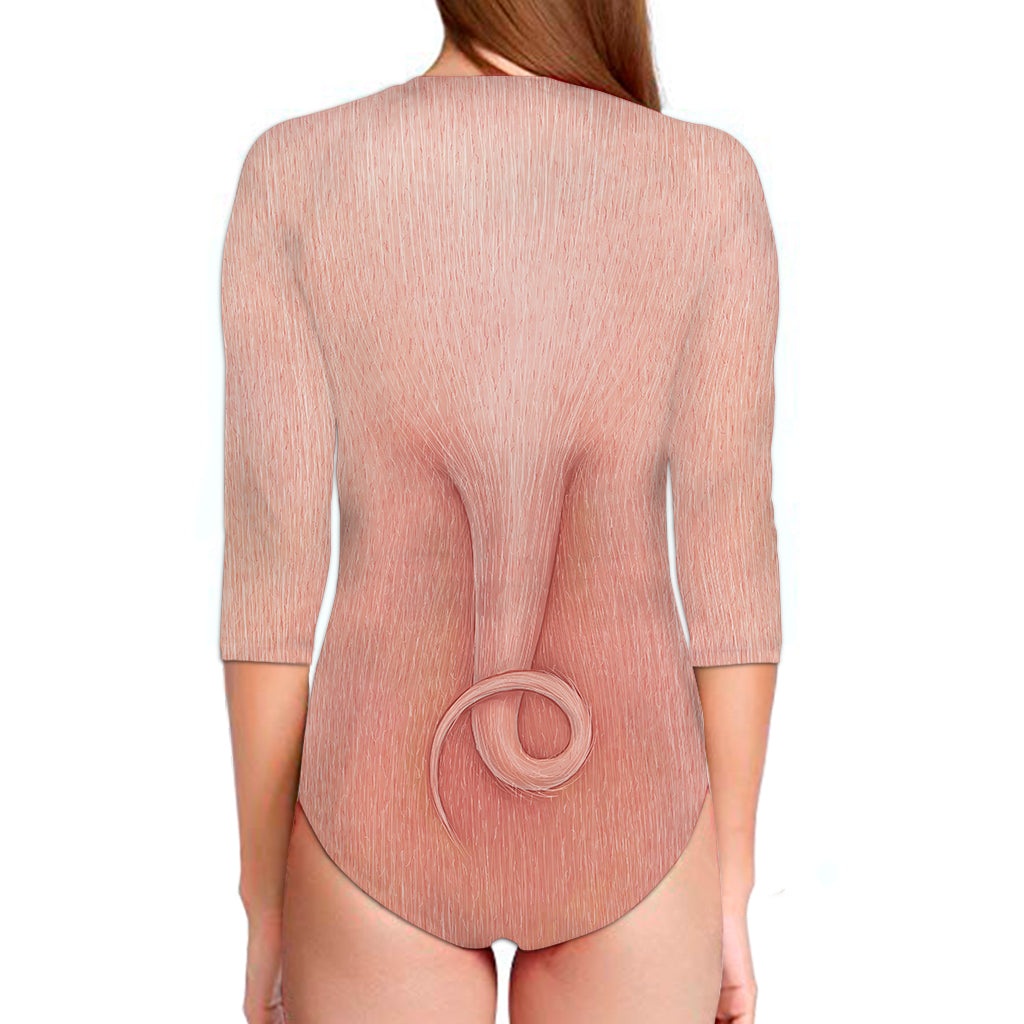 Pink Pig Tail Print Long Sleeve Swimsuit
