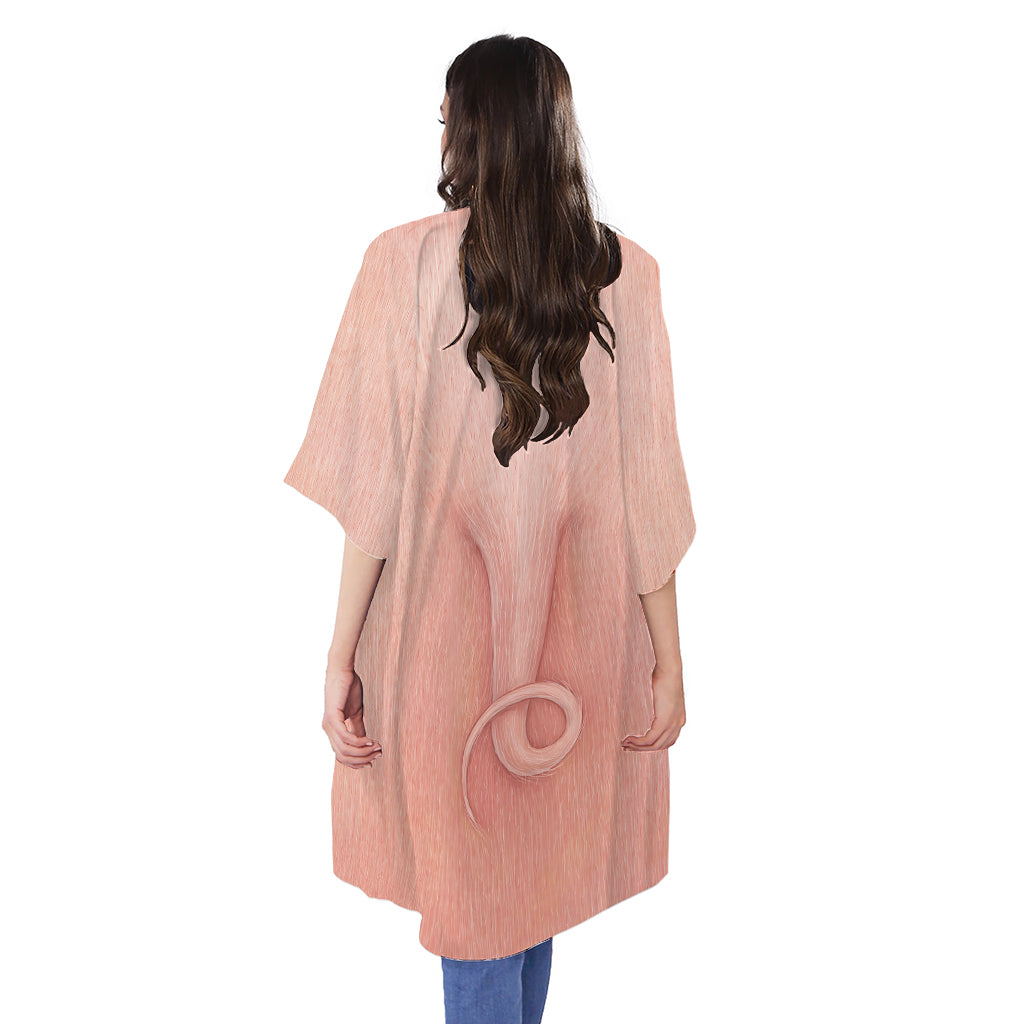 Pink Pig Tail Print Open Front Beach Cover Up