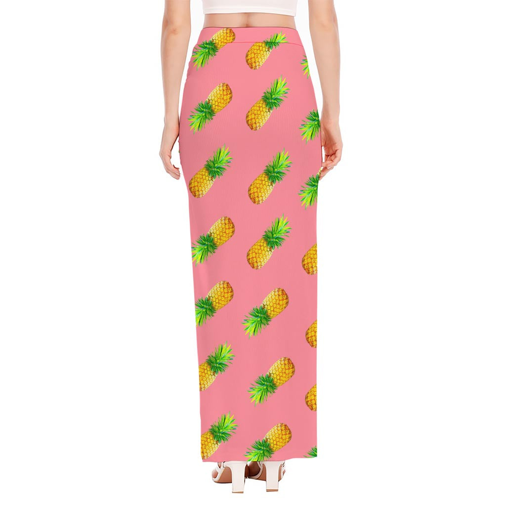 Pink Pineapple Pattern Print High Slit Maxi Skirt