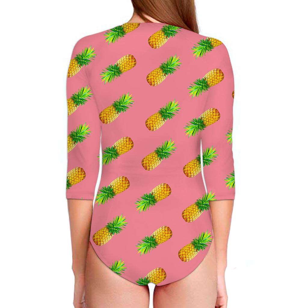 Pink Pineapple Pattern Print Long Sleeve Swimsuit