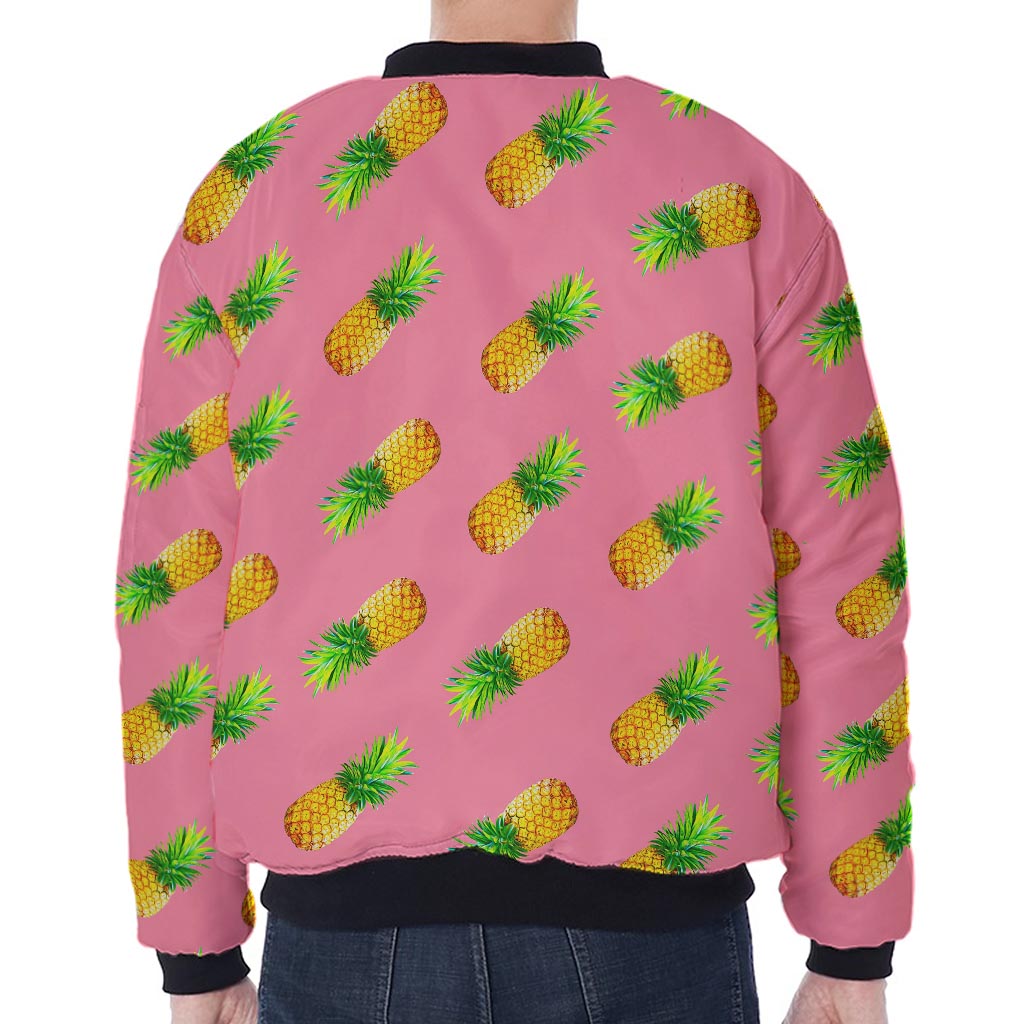 Pink Pineapple Pattern Print Zip Sleeve Bomber Jacket