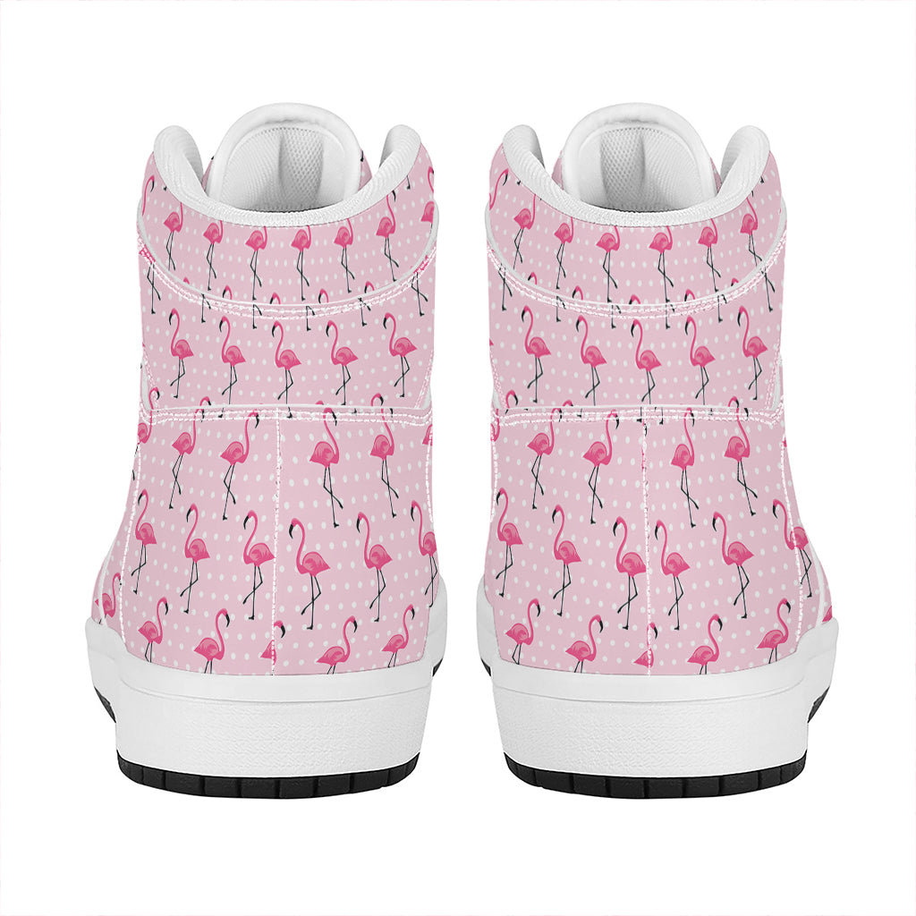 Pink Polka Dot Flamingo Pattern Print High Top Leather Sneakers