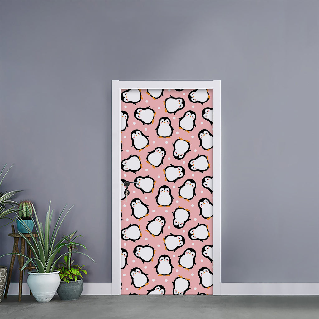 Pink Polka Dot Penguin Pattern Print Door Sticker