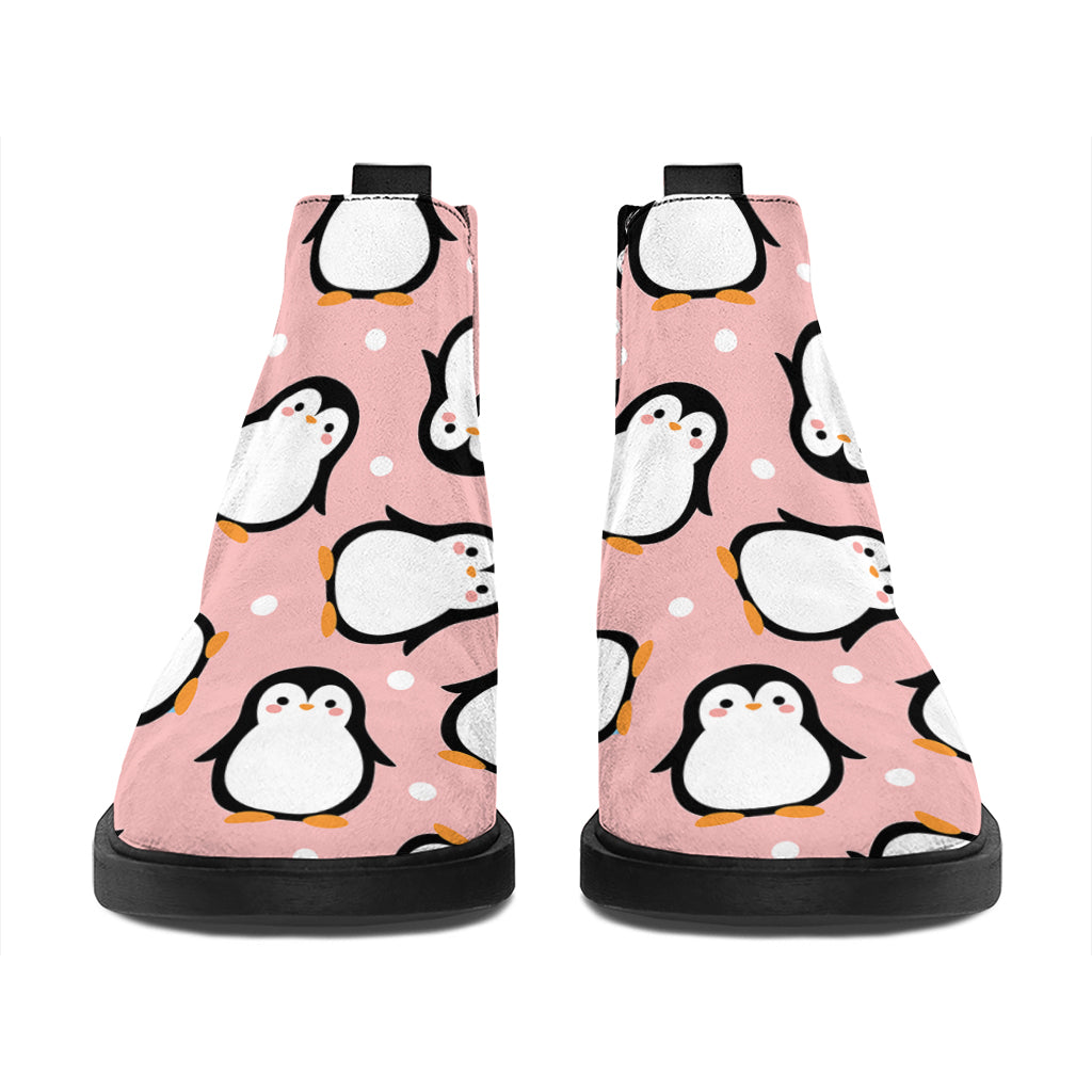 Pink Polka Dot Penguin Pattern Print Flat Ankle Boots