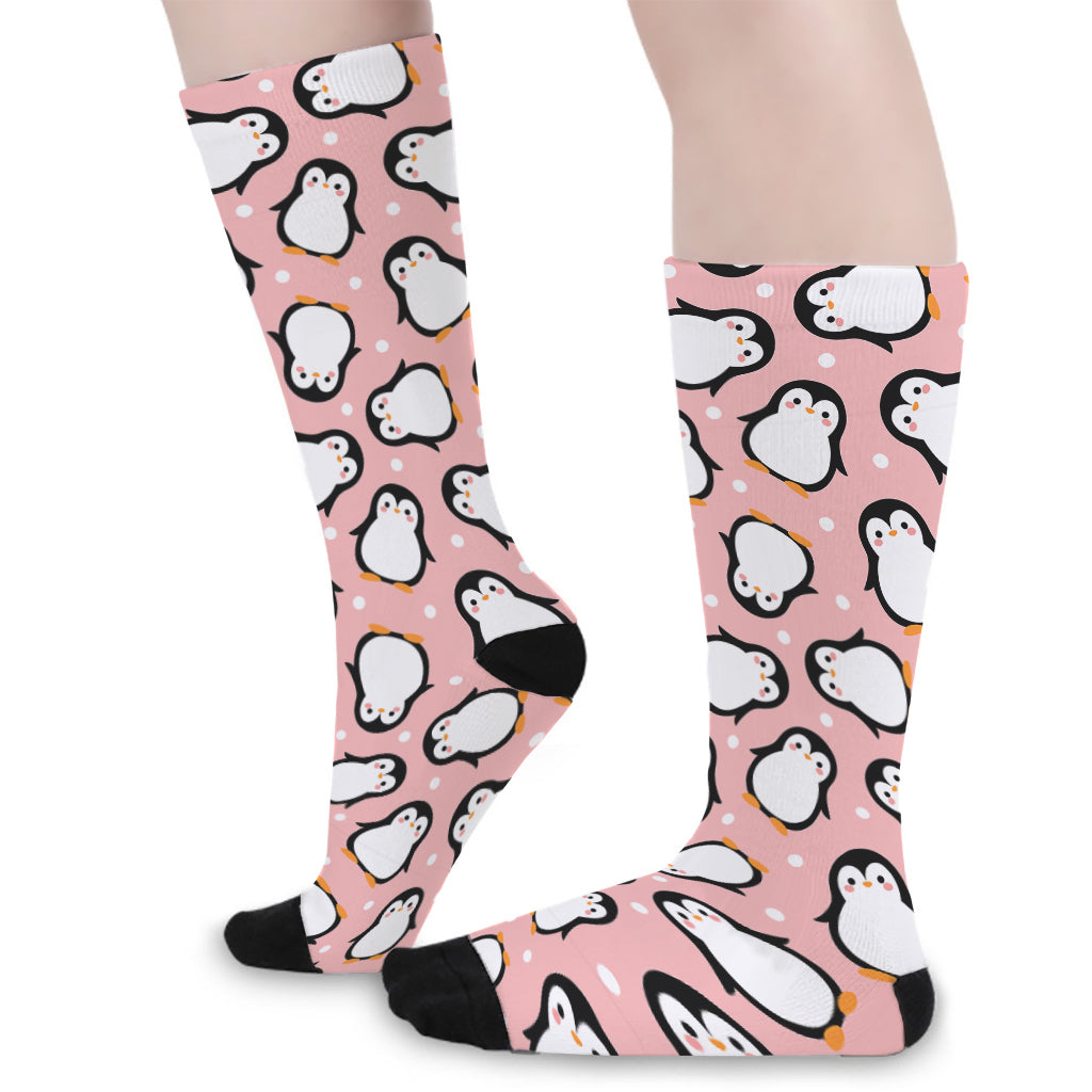 Pink Polka Dot Penguin Pattern Print Long Socks