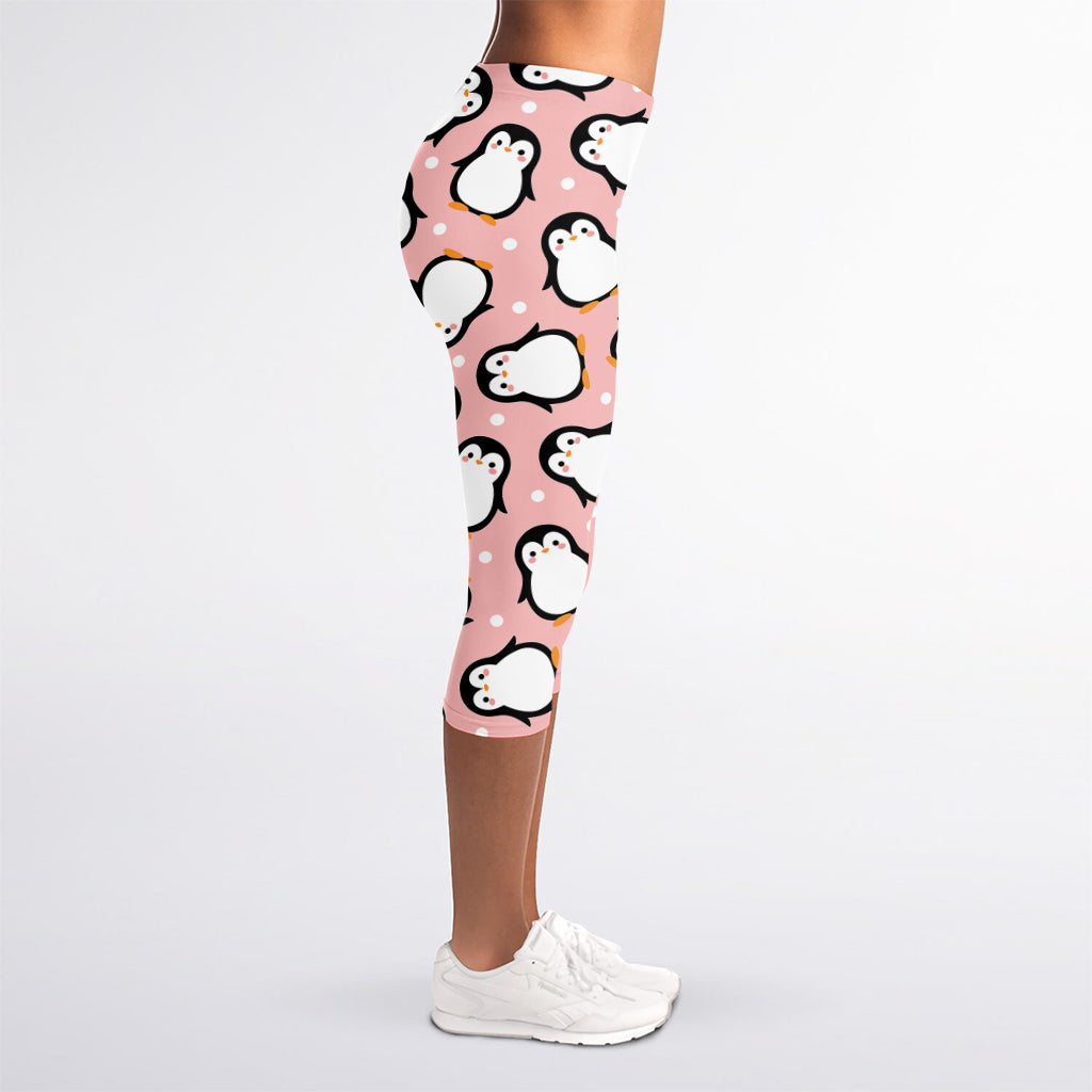 Pink Polka Dot Penguin Pattern Print Women's Capri Leggings
