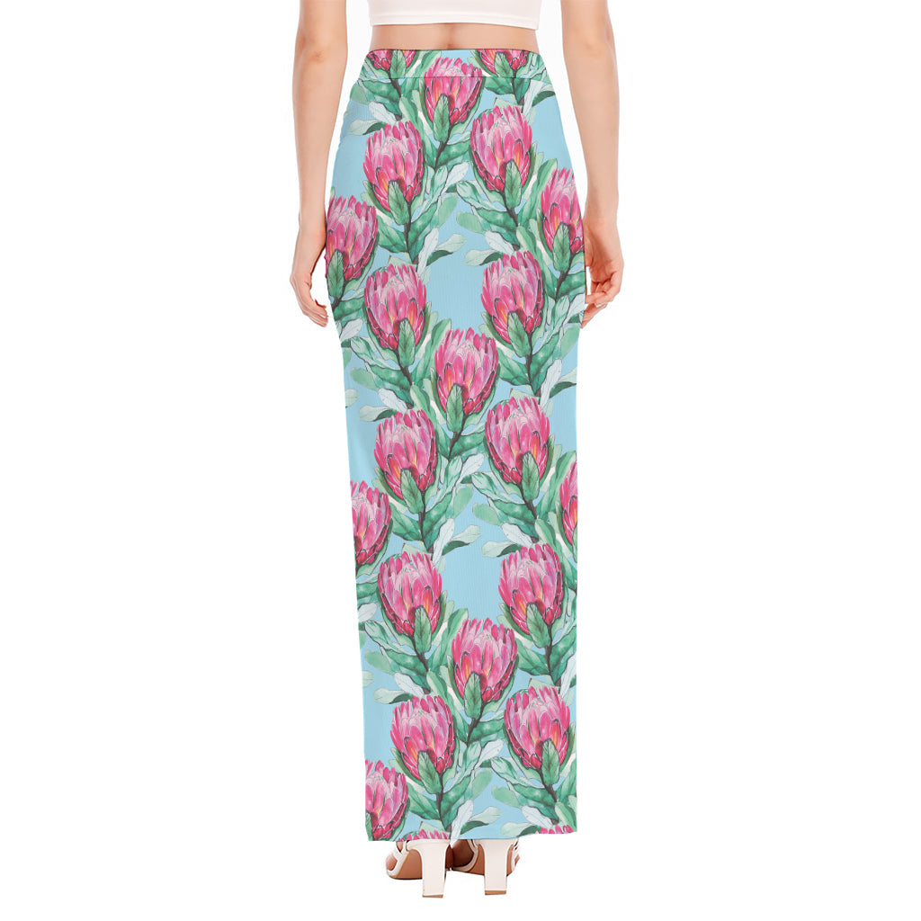 Pink Protea Pattern Print High Slit Maxi Skirt