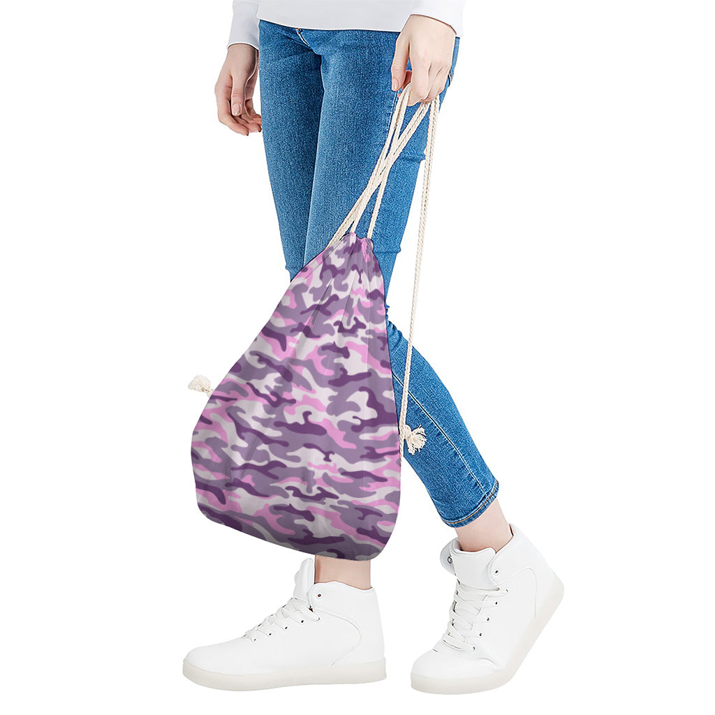 Pink Purple And Grey Camouflage Print Drawstring Bag