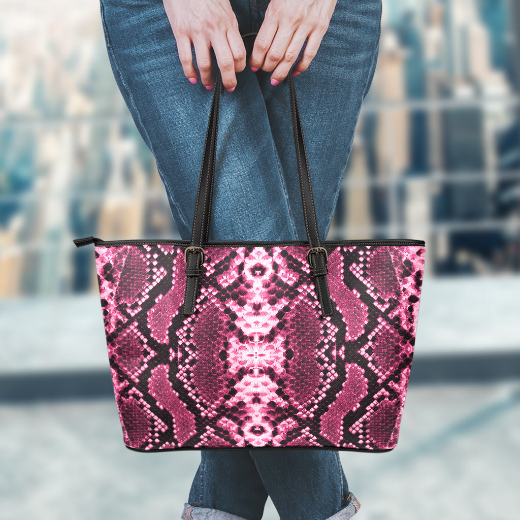 Pink Python Snakeskin Print Leather Tote Bag