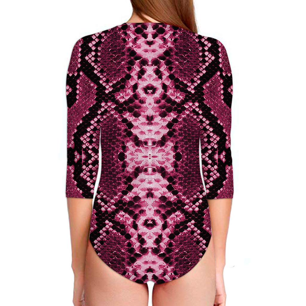 Pink Python Snakeskin Print Long Sleeve Swimsuit
