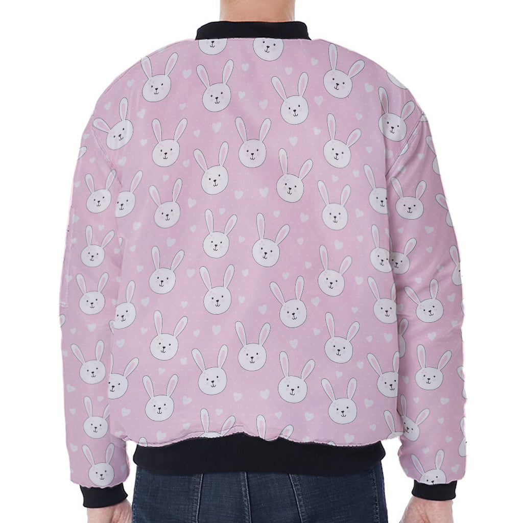 Pink Rabbit Pattern Print Zip Sleeve Bomber Jacket
