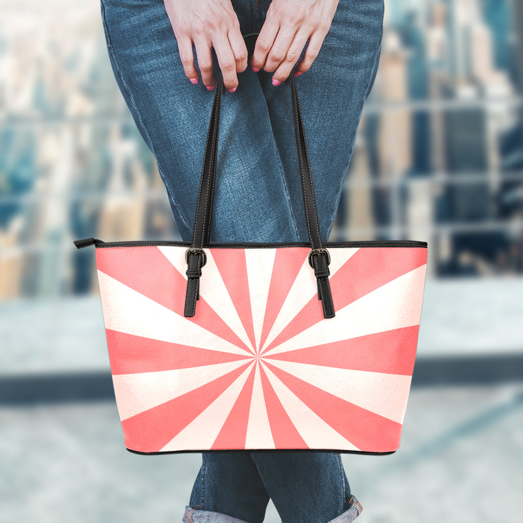 Pink Radial Rays Print Leather Tote Bag