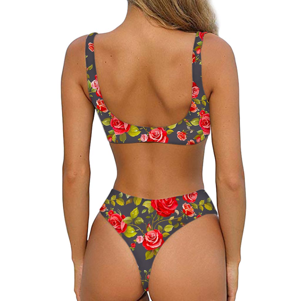 Pink Red Rose Floral Pattern Print Front Bow Tie Bikini