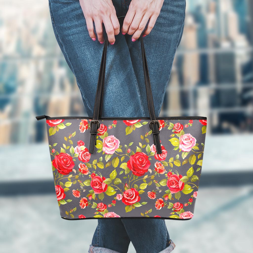 Pink Red Rose Floral Pattern Print Leather Tote Bag