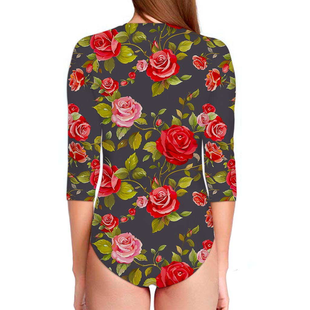 Pink Red Rose Floral Pattern Print Long Sleeve Swimsuit