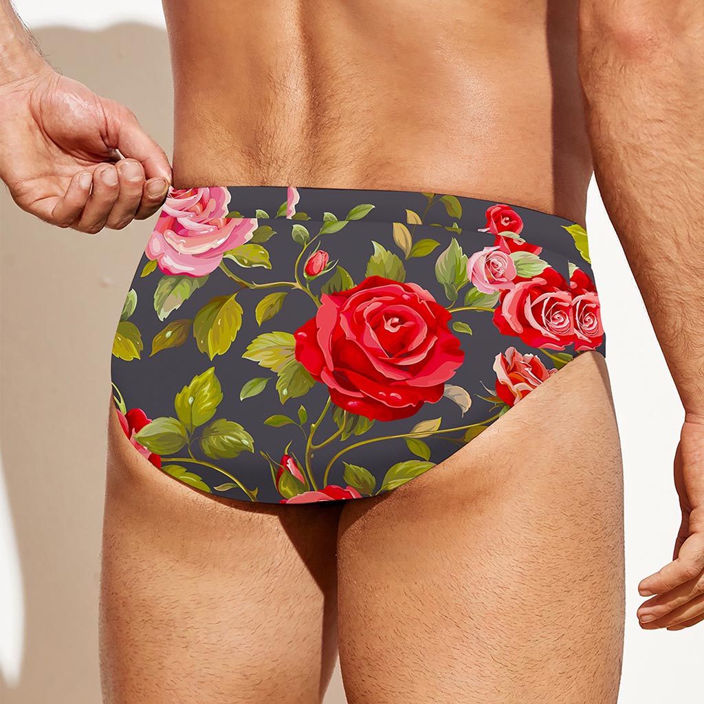 Pink Red Rose Floral Pattern Print Men's Swim Briefs
