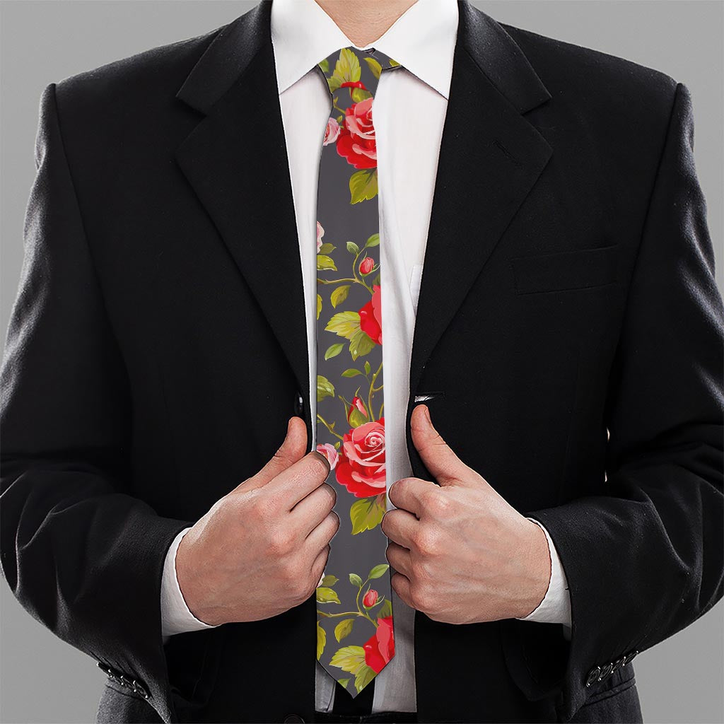 Pink Red Rose Floral Pattern Print Necktie