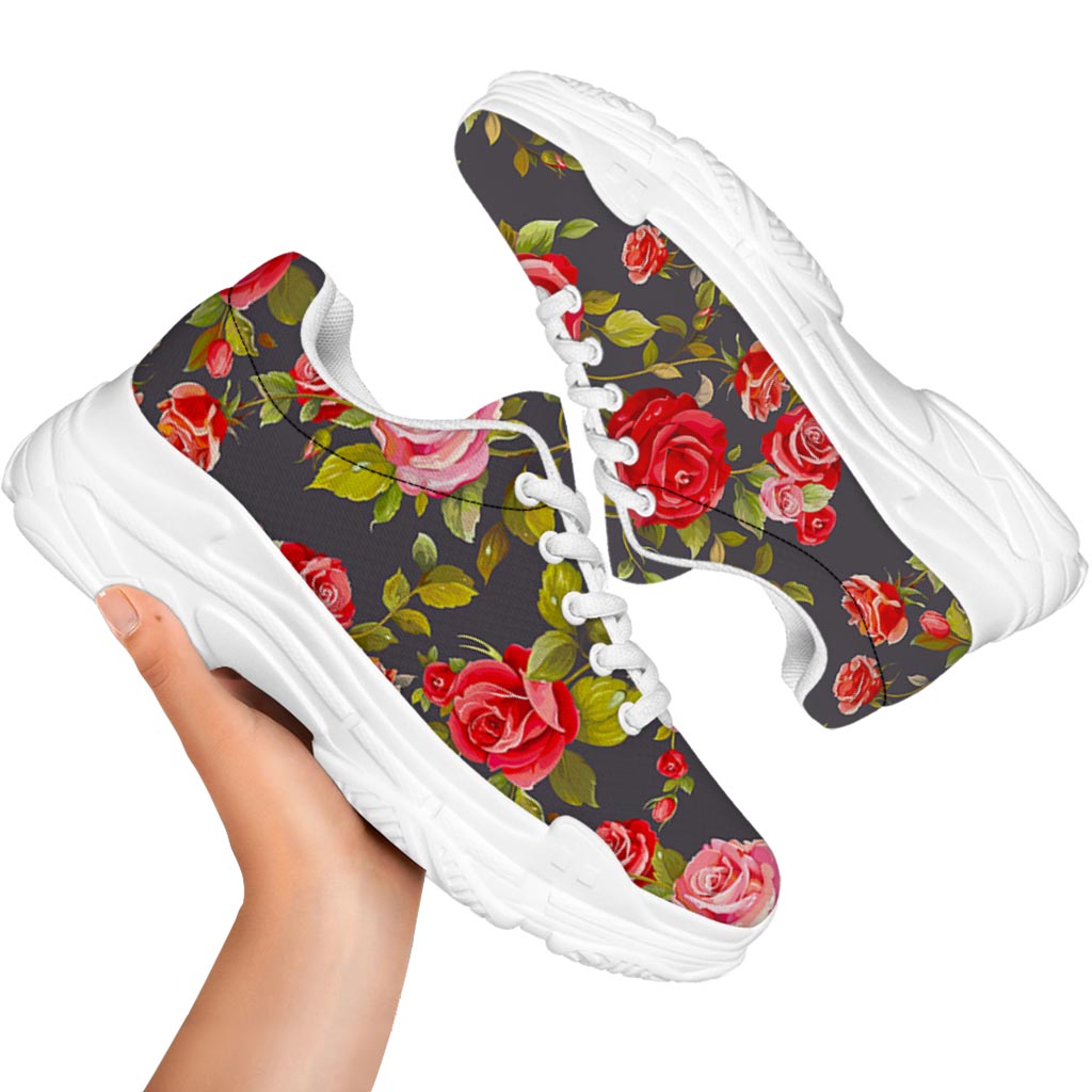 Pink Red Rose Floral Pattern Print White Chunky Shoes