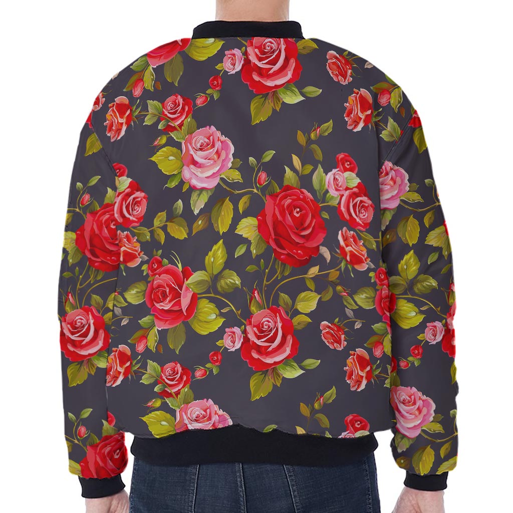 Pink Red Rose Floral Pattern Print Zip Sleeve Bomber Jacket
